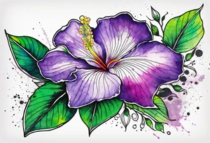 An outline of a rio dipladenia flower with a green and purple watercolor blotch splatter in the background tattoo idea