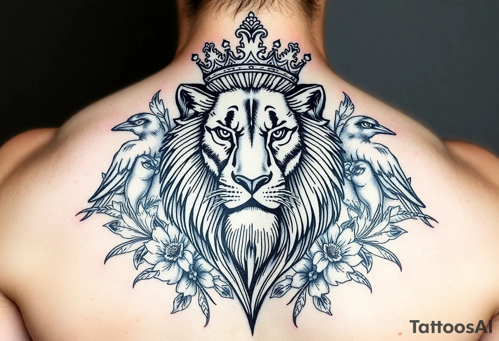 powerful majestic lion with a crown, surrounded by floral ornaments and birds tattoo idea