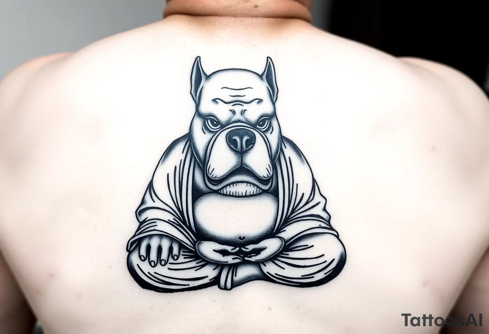 Meditating fat Buddha with happy pitbull head tattoo idea