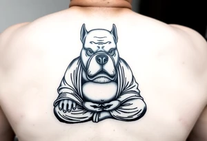 Meditating fat Buddha with happy pitbull head tattoo idea