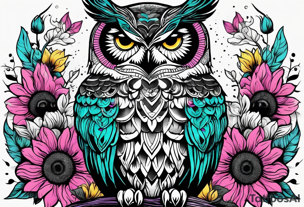 Black and white owl shaded teal, pink and purple surrounded by yellow sunflowers sleeve tattoo idea