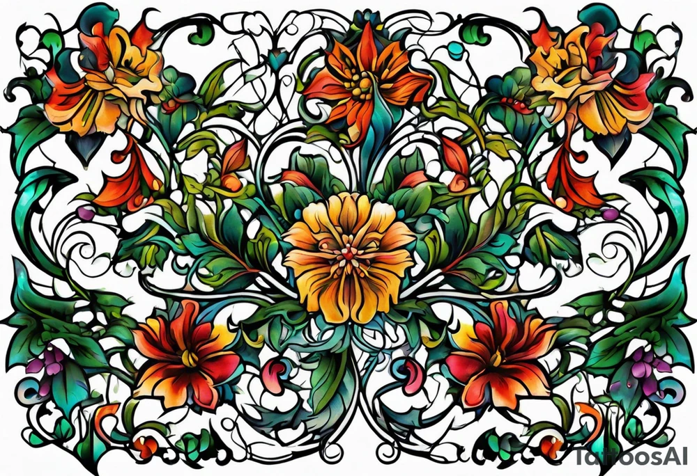 Bold geometric tapestry trident vines floral in colour on arm tattoo idea