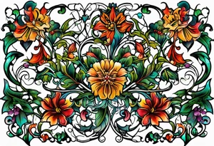 Bold geometric tapestry trident vines floral in colour on arm tattoo idea