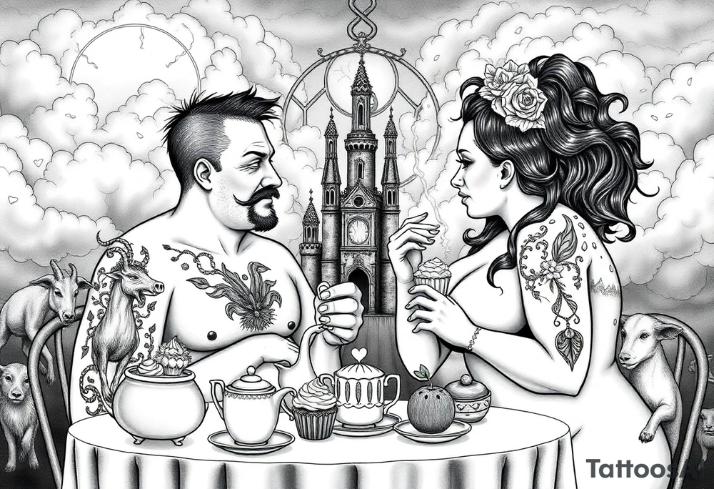 Naked Man and fat woman having sex eating cupcakes and  fruit  having sexy naked fat lady having a tea party with tea pots  with medieval castle  
with mystical  aries a pigs, peacock,  lion, goat, noose and smoking cigerettes looking in the mirror thru storm clouds and broken hearts and darkness and wrath, envy , gluttony, greed, sloth, pride . Gothic tattoo idea