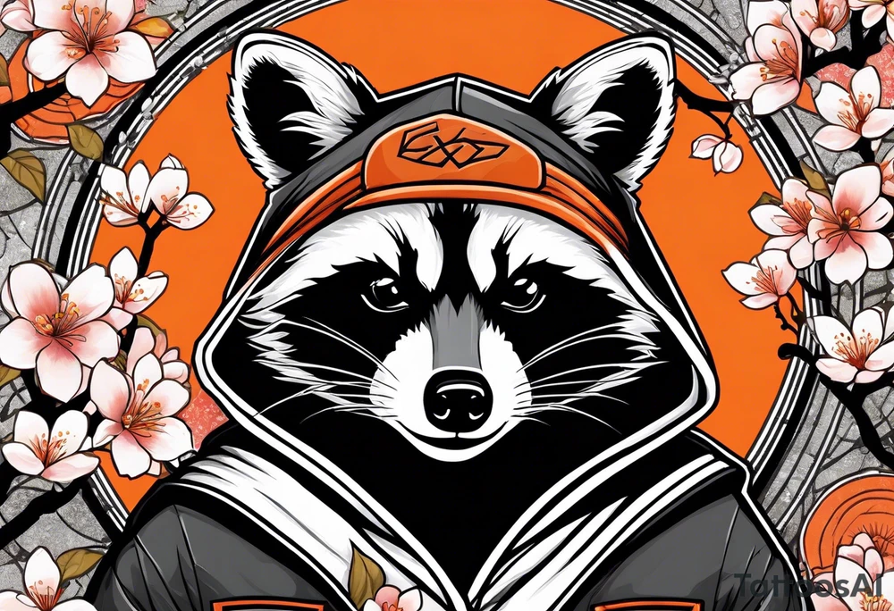 Raccoon wearing a white Superman logo on a black hoodie and orange Japanese cherry blossoms beside tattoo idea
