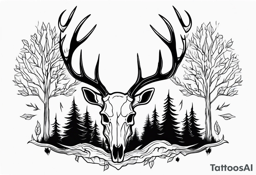 A side view of a dead deer skull surrounded by trees and fire tattoo idea