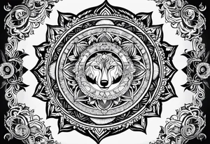 Mandala theme design with moon and wolves for forearms tattoo idea