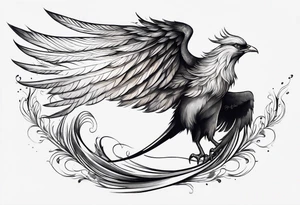 minimalist pheonix with long tail curling and feathers coming off tail tattoo idea