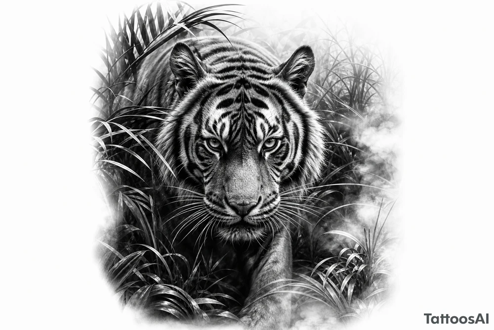 Hyperrealistic tiger emerging from a dense, misty jungle, close-up, dramatic lighting. tattoo idea