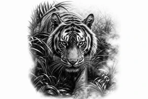 Hyperrealistic tiger emerging from a dense, misty jungle, close-up, dramatic lighting. tattoo idea
