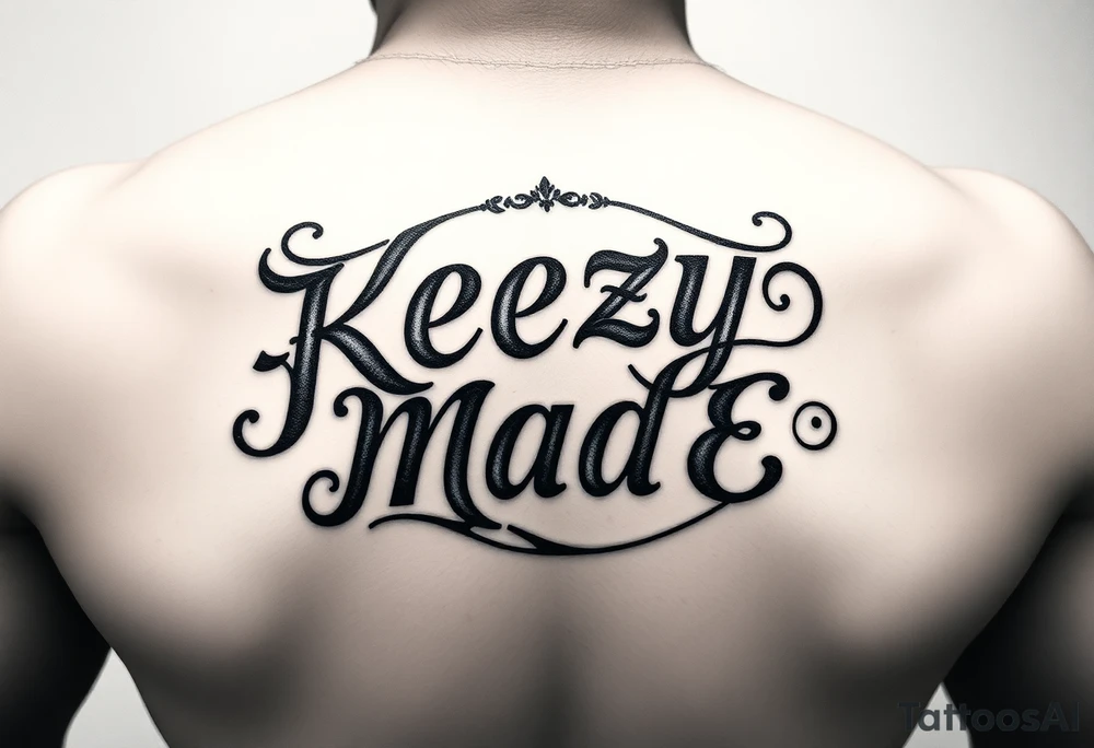 letters only fancy but rugged twisted and intertwined circular arched curvy lettering in a circular  forum that would be clothing brand style that says (KeezY MadE) almost the the roca wear symbol clothing brand tattoo idea