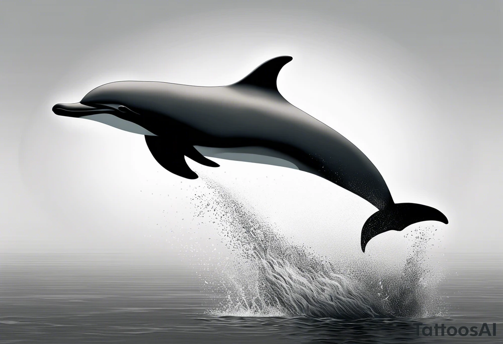 simple dolphin silhouette, in soft gray tone, stippled shading, little bit of dotwork, white background tattoo idea