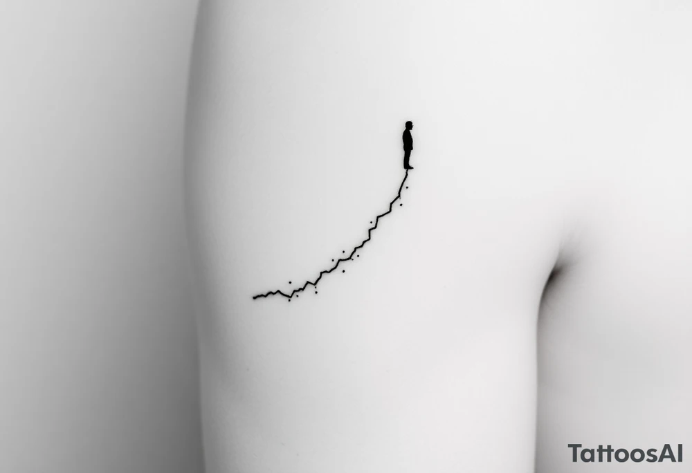 Minimalist black-ink forearm tattoo symbolizing father and son, legacy, and continuation of unfinished dreams. A single rising line starts fragmented at the bottom (father’s unfinished work) and grows solid as it ascends (son carrying the legacy). Fine particle-like lines flow upward along the path, representing the father’s guidance. Subtle abstract outline of father watching over the line at the top. Include Roman numerals VI·IV·MMXXIII and optionally “Building what he couldn’t”. Vertical forearm layout, minimalistic, clean fine-line style, emotionally powerful, black-ink only. tattoo idea