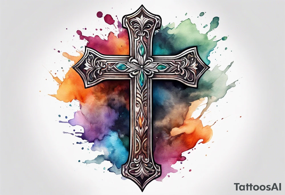 Cross made out of leather with watercolor background tattoo idea
