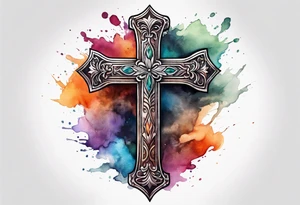 Cross made out of leather with watercolor background tattoo idea
