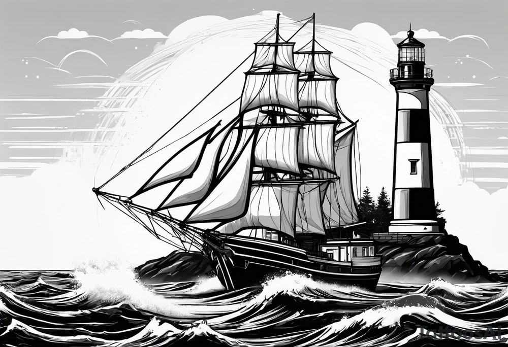 maritime lighthouse partially hidden by its  large fixed sails. tattoo idea