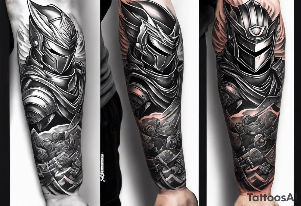 Robot ninja warrior fighting a gladiator on forearm tattoo idea