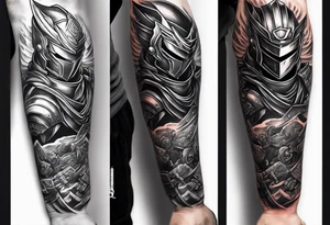 Robot ninja warrior fighting a gladiator on forearm tattoo idea