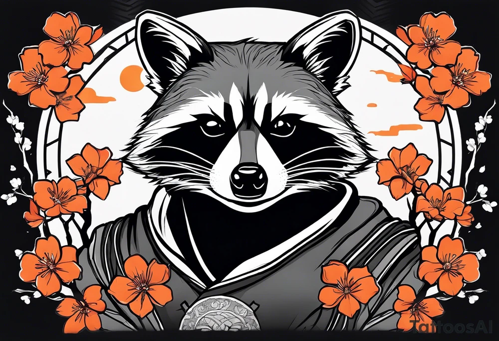 Raccoon wearing a white Superman logo on a black hoodie and orange Japanese cherry blossoms tattoo idea