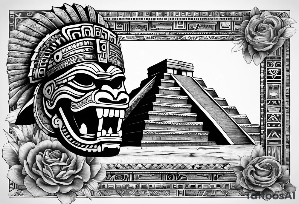 Aztec feathered serpent and pyramids sleeve incorporate factual items found in Teotihuacan tattoo idea