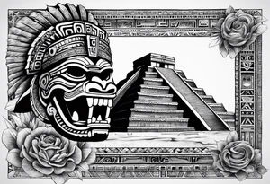 Aztec feathered serpent and pyramids sleeve incorporate factual items found in Teotihuacan tattoo idea