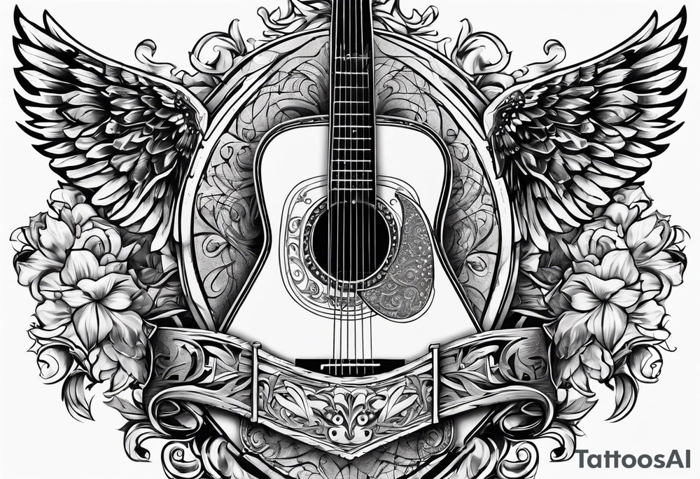Detailed Christian Cross with acoustic guitar blended in tattoo idea