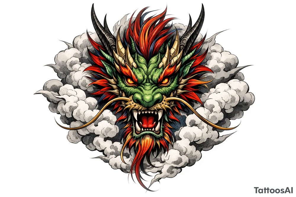 Mythical Chinese dragon head emerging from clouds, stylized, vibrant colors, full frontal view. tattoo idea