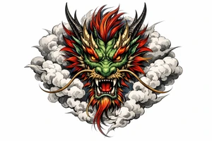 Mythical Chinese dragon head emerging from clouds, stylized, vibrant colors, full frontal view. tattoo idea