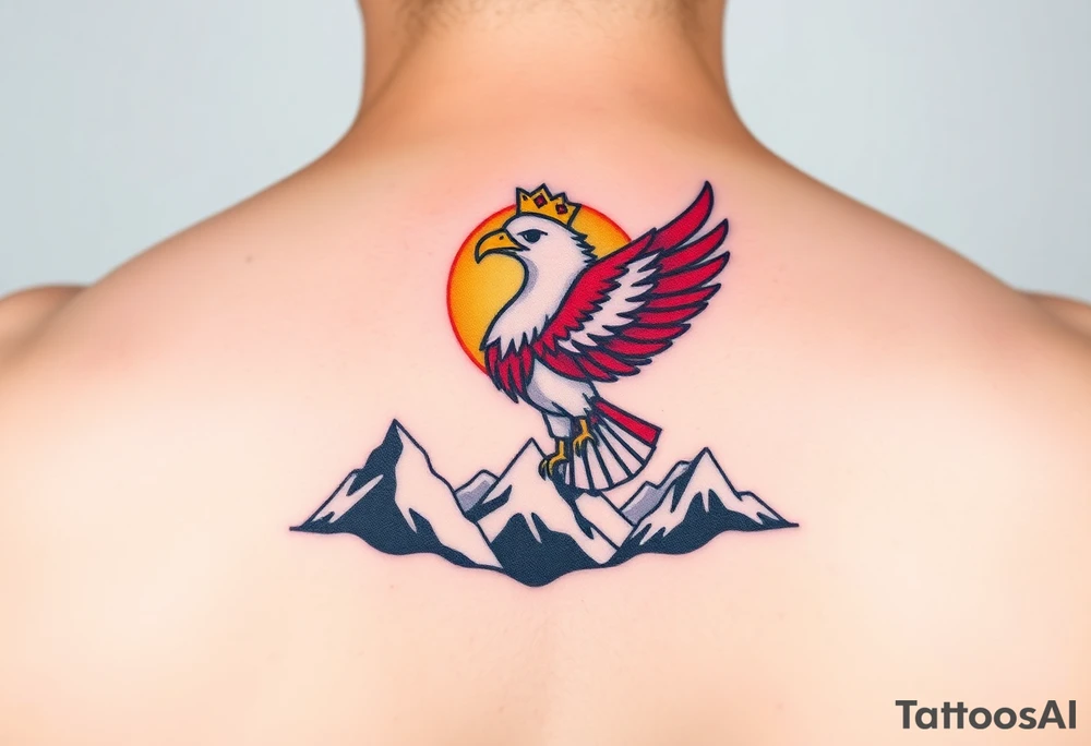 A red and white Moravian eagle with golden crown on its head  soaring above mountain peaks, with the sun rising behind it tattoo idea