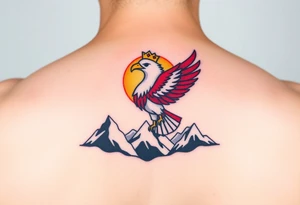 A red and white Moravian eagle with golden crown on its head  soaring above mountain peaks, with the sun rising behind it tattoo idea
