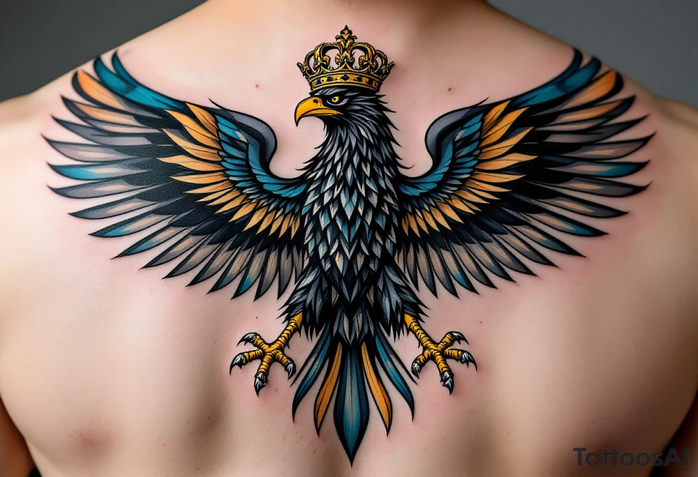 Majestic Silesian Eagle with Golden Crown – A powerful black Silesian eagle with outstretched wings, wearing a golden royal crown, symbolizing strength and heritage. The feathers have intricate detailing, with subtle blue and gold highlights to enhance its regal appearance. tattoo idea