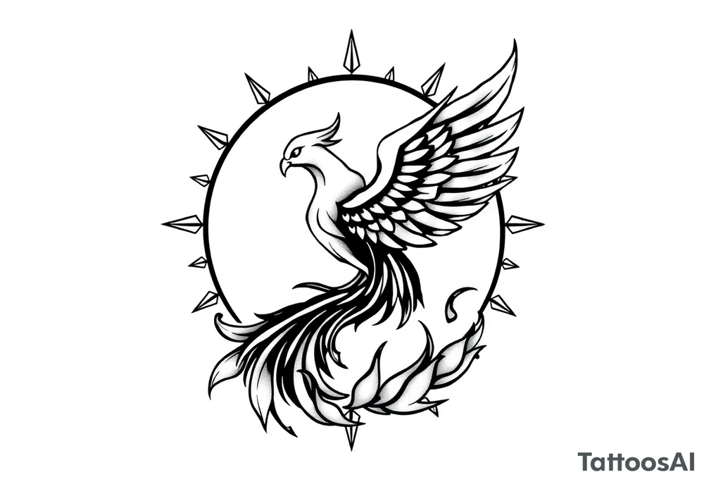 magical phoenix rising from golden flames with trailing embers surrounded by geometric sun and moon tattoo idea