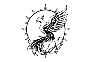 magical phoenix rising from golden flames with trailing embers surrounded by geometric sun and moon tattoo idea