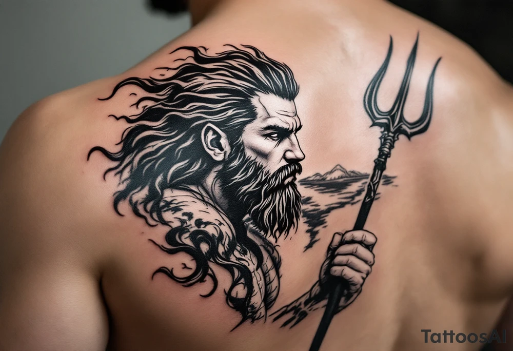 fit poseidon, with trident, looking at the horizon tattoo idea