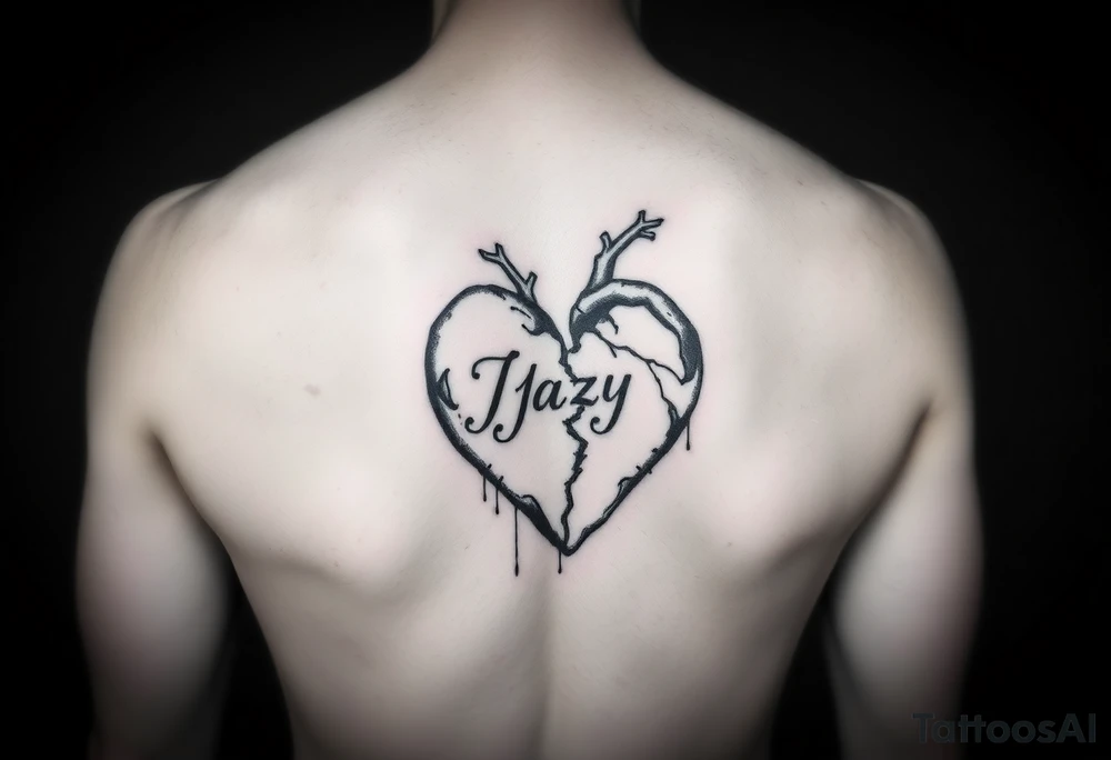 upper arm tattoo -broken heart of a deceased best friend with the name Jazy incorporated tattoo idea