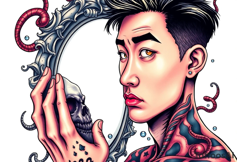 Handsome Asian young guy is looking in cursed mirror and see the evil tattoo idea