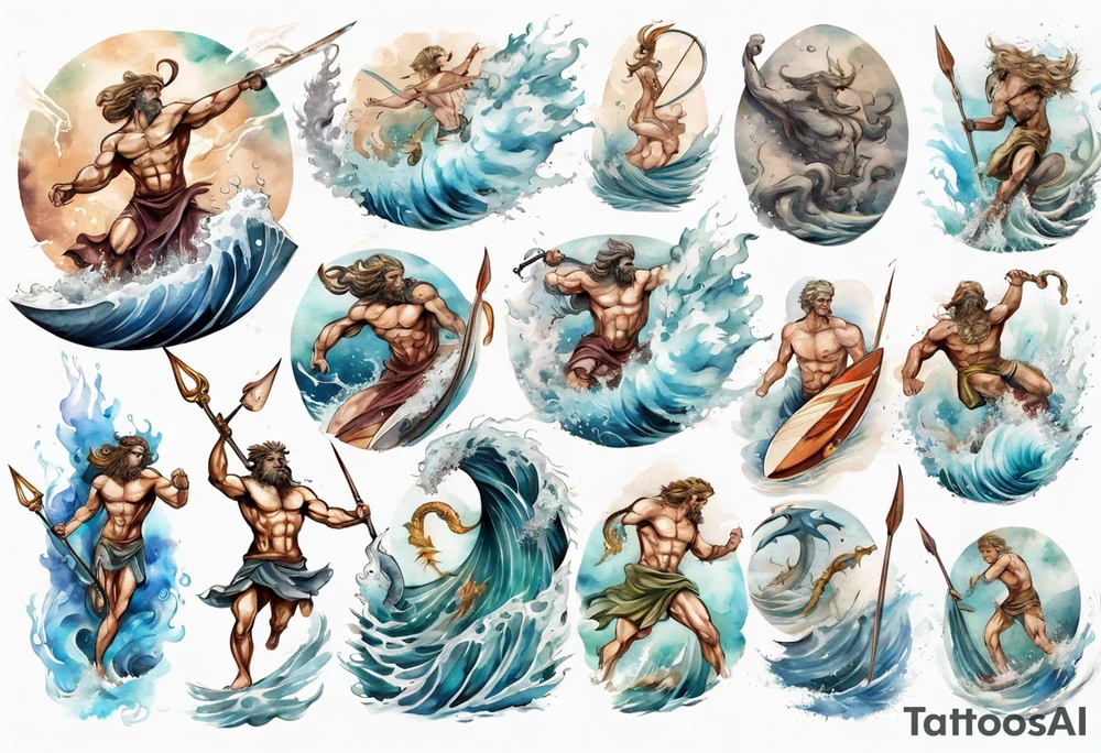 Ancient Greek gods of the sea fighting with surfer  and trident tattoo idea