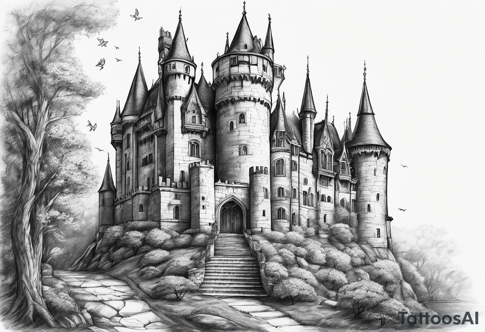 old broken gothic castle, broken sword, roses tattoo idea