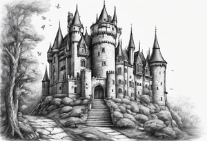 old broken gothic castle, broken sword, roses tattoo idea