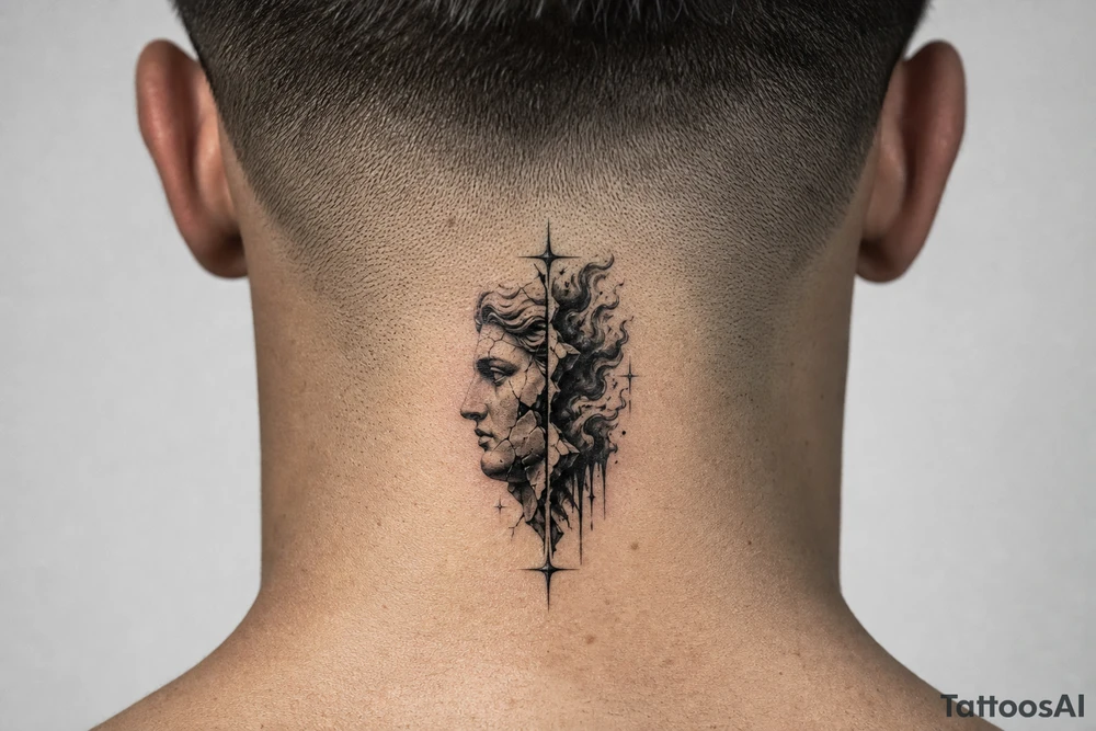 Black and grey tattoo design of a broken marble statue face split down the middle, side view profile, realistic shattered porcelain effect, dark wispy smoke and liquid pouring out of the cracks, Chicano tattoo shading, heavy blackwork background, sharp 4-point sparkle stars, high contrast, clean white background, detailed tattoo stencil style on side neck tattoo idea