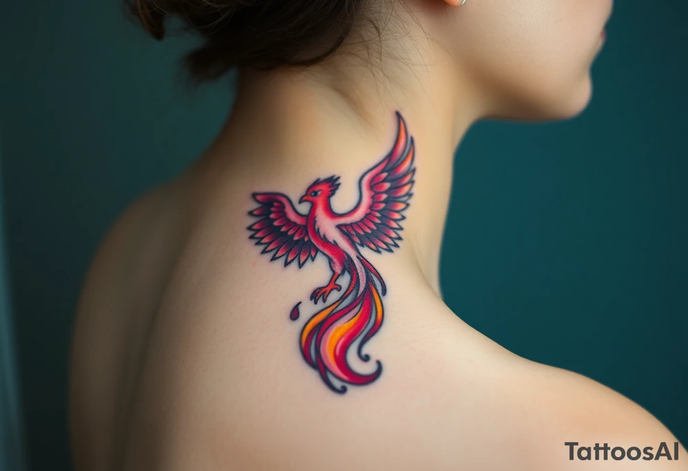 Square, phoenix rising from fire with both wings opened, colors red, pink, orange and purple. tattoo idea