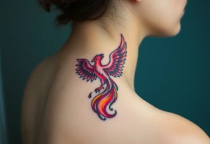 Square, phoenix rising from fire with both wings opened, colors red, pink, orange and purple. tattoo idea