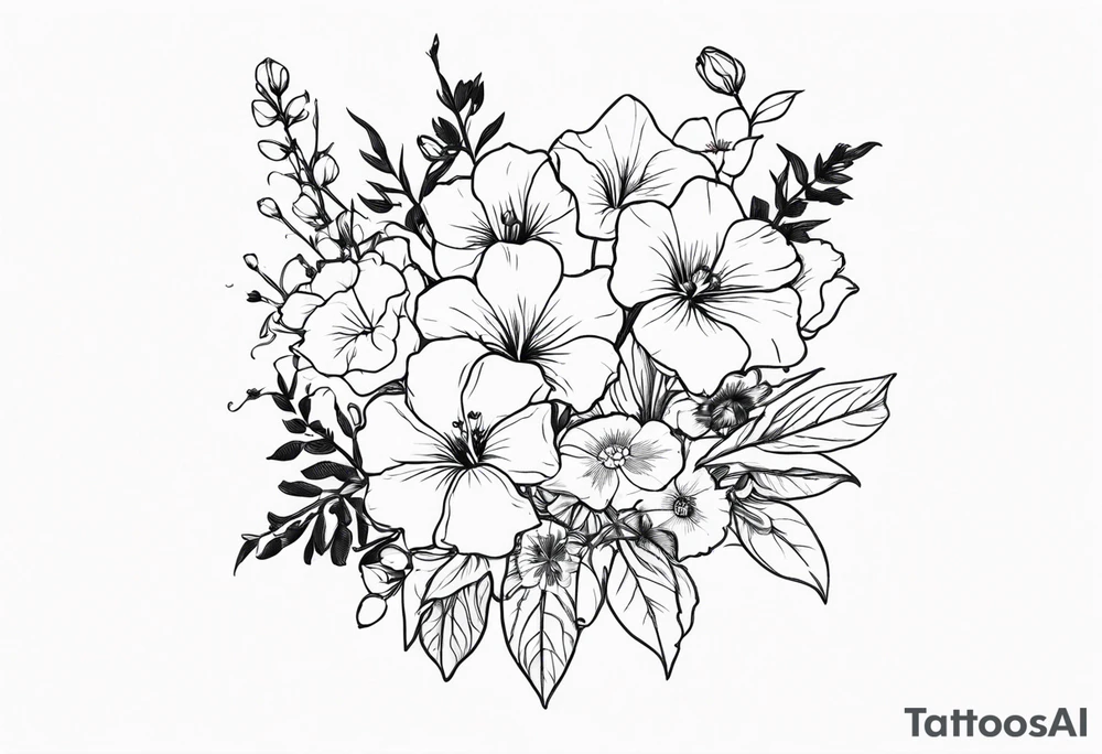 flower bouquet including sweet pea, larkspur, morning glory and cosmos tattoo idea