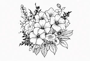 flower bouquet including sweet pea, larkspur, morning glory and cosmos tattoo idea