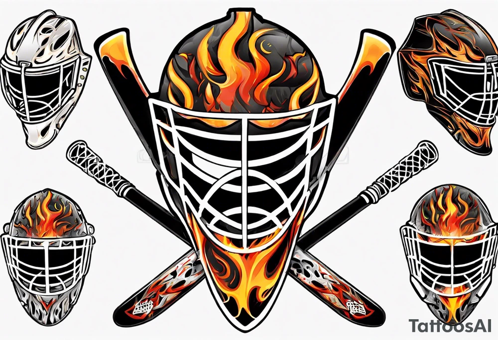 "SHOT HOCKEY" goalie mask with crossed hockey sticks and flames tattoo idea