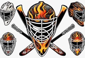 "SHOT HOCKEY" goalie mask with crossed hockey sticks and flames tattoo idea