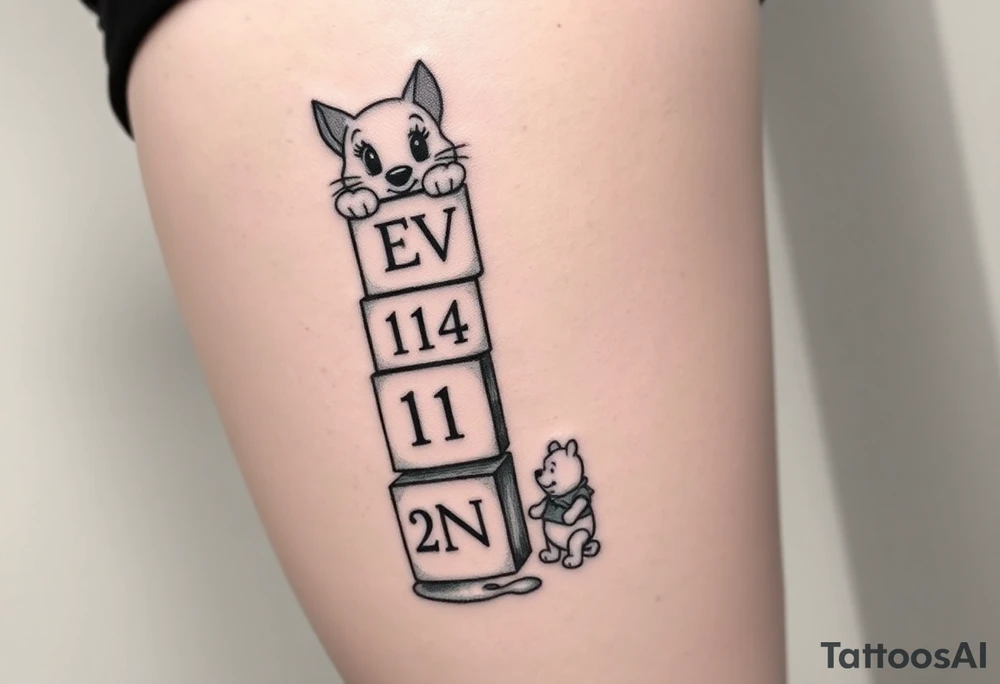 a thigh tattoo with alphabet blocks going down vertically but on the alphabet blocks, the name S E V Y N is alternated on the sides of all five blocks and 07/14/25 is alternated on the other sides of the blocks as well and on the top of the blocks Marie from the Aristocats peeking up looking showing her eyes, her bow on her head and her front pause and then on the bottom block then Winnie the Pooh standing on the ground, reaching up on the block for the honey that’s spilling off the side and on the left side not on the blocks to say 6 ounces 12 pounds 20 inches all lined up in a column going vertically starting with the 6 ounces 12 pounds and 20 inches in that order and then on the right side, not touching the blocks to say 3:51 AM. tattoo idea