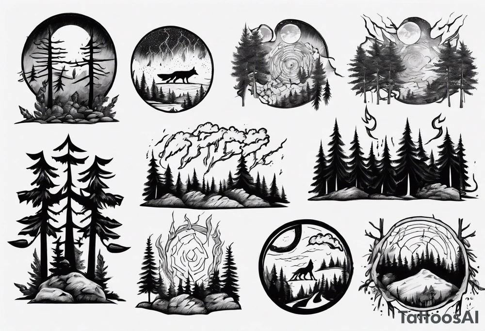 a thunder and lightning storm over a forest with a distant wolf howling and a drum circle tattoo idea a thunder and lightning storm over a forest with a distant wolf howling and a drum circle tattoo idea