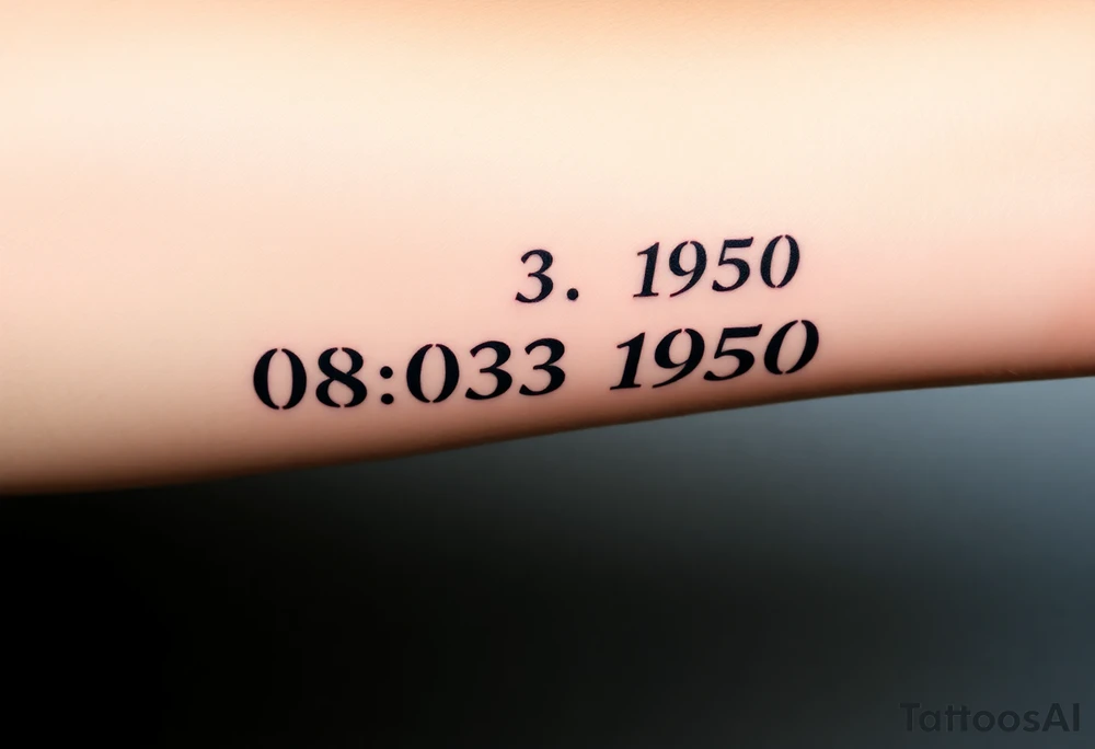 “Quero uma tatuagem no antebraço, simples e pequena. Deve ter a data de nascimento do meu avô 08/03/1950 escrita em vermelho, seguida de um traço reto e, à frente, o símbolo de infinito em preto com detalhes em branco. O design deve ser minimalista, com letras elegantes e proporcionais, mantendo um aspeto discreto.” tattoo idea