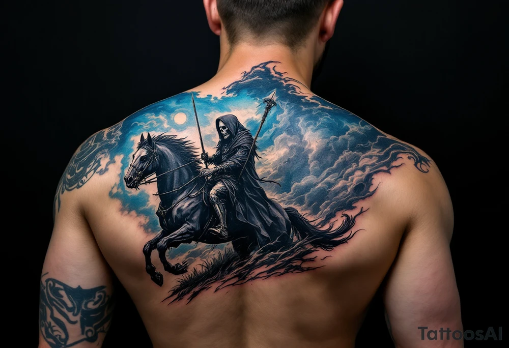 A full-back piece of a Grim Reaper riding a black horse under a stormy indigo sky. tattoo idea